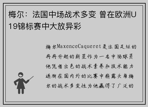 梅尔：法国中场战术多变 曾在欧洲U19锦标赛中大放异彩